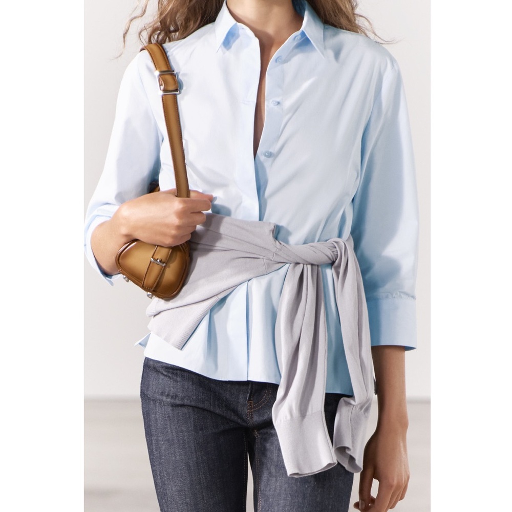 Zara Slim Fit Poplin Cotton Shirt Light Blue below-the-elbow sleeves ZW XS NWT - Picture 2 of 16